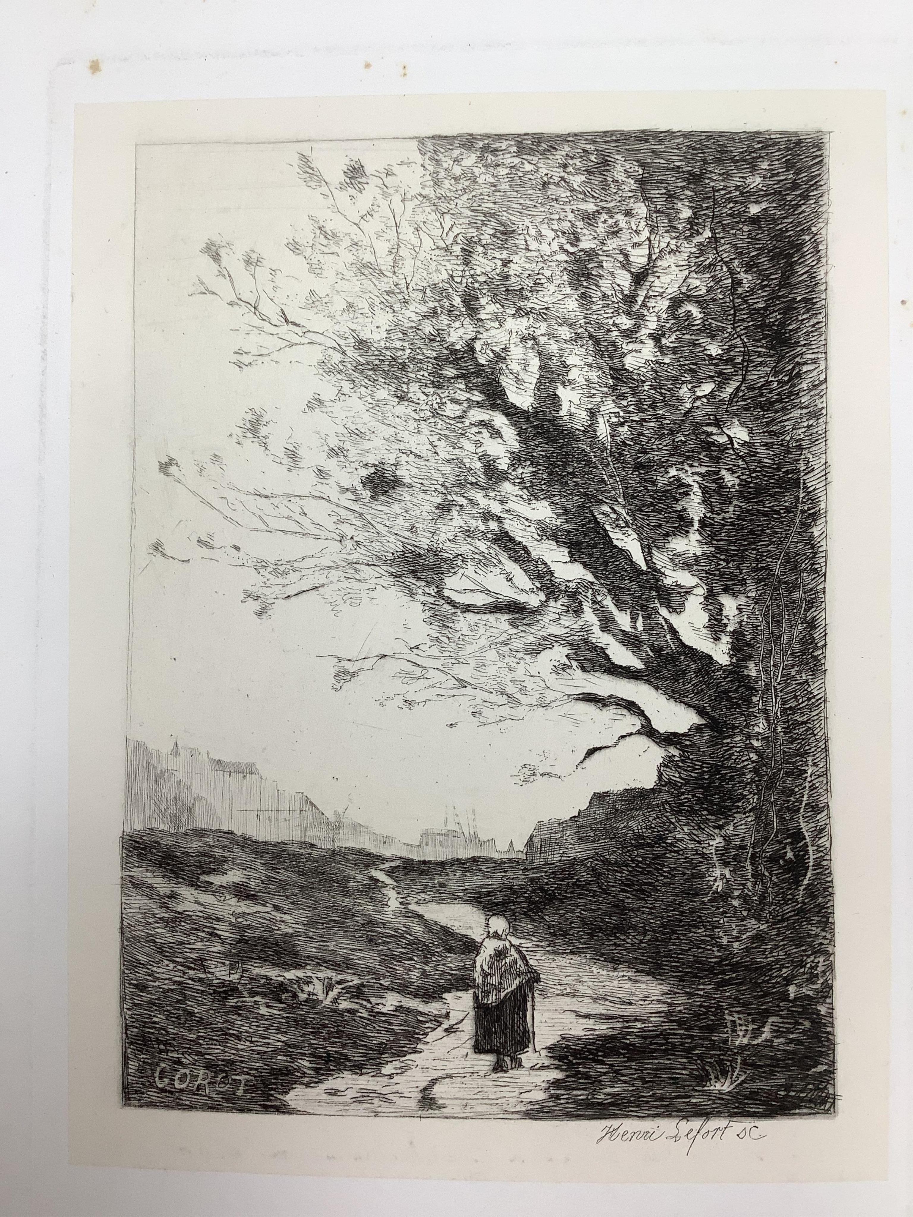 A large folio of etchings, to include after Eugene Delacroix, 'The mourning of Christ', each 45 x 32cm, housed in a leather folder